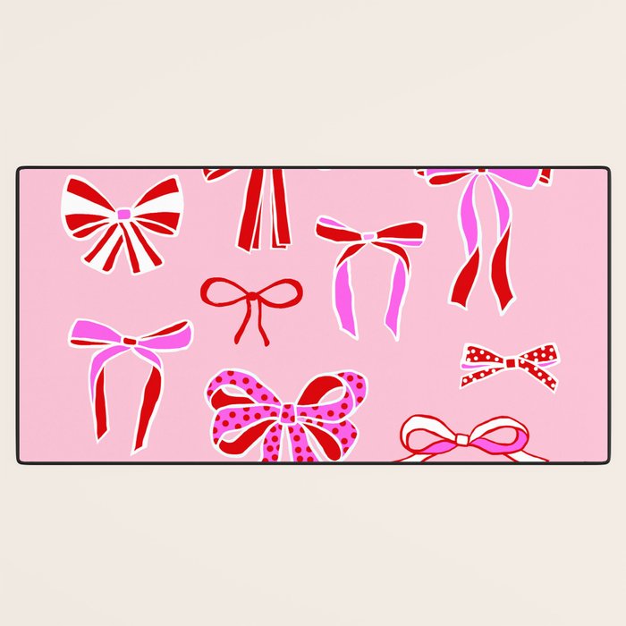 Festive Pink and Red Christmas Ribbons and Bows hand drawn Collection on Pastel Pink Desk Mat Gallery Image 3