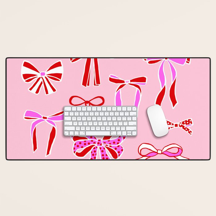 Festive Pink and Red Christmas Ribbons and Bows hand drawn Collection on Pastel Pink Desk Mat Gallery Image 1