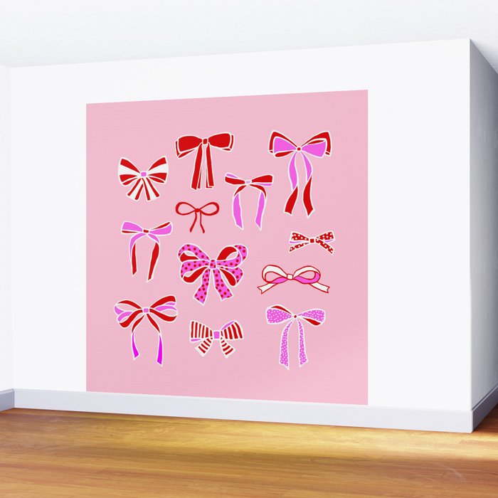 Festive Pink and Red Christmas Ribbons and Bows hand drawn Collection on Pastel Pink Wall Mural Gallery Image 2