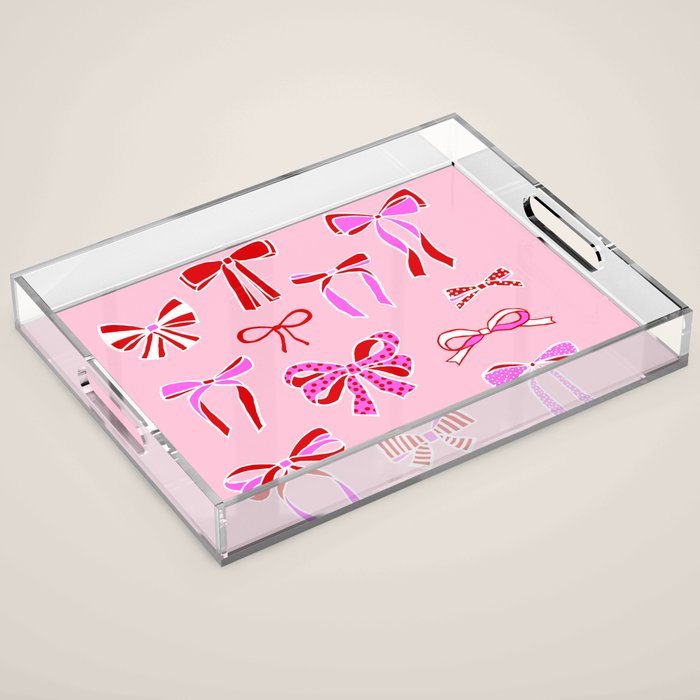 Festive Pink and Red Christmas Ribbons and Bows hand drawn Collection on Pastel Pink Acrylic Tray Gallery Image 1