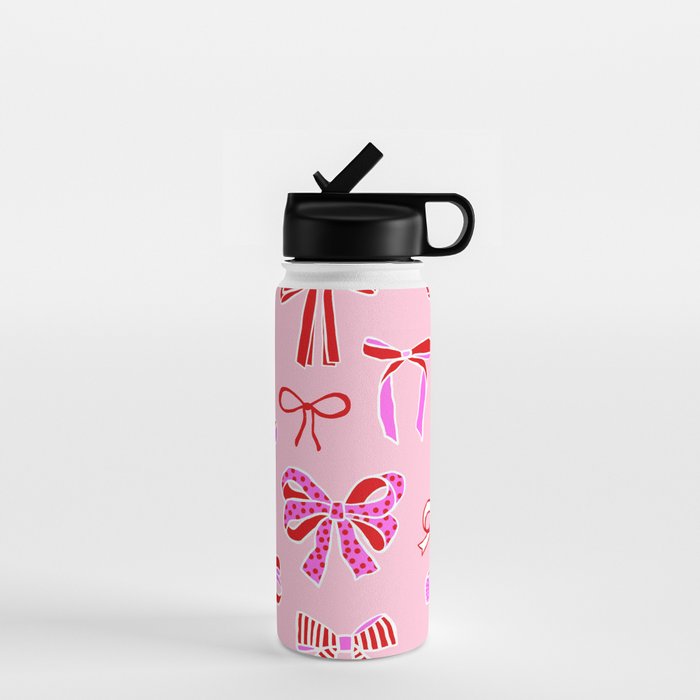 Festive Pink and Red Christmas Ribbons and Bows hand drawn Collection on Pastel Pink Water Bottle Gallery Image 1