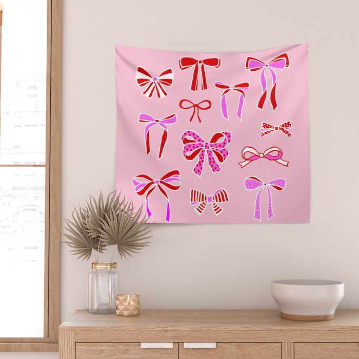 Festive Pink and Red Christmas Ribbons and Bows hand drawn Collection on Pastel Pink Wall Tapestry Gallery Image 2