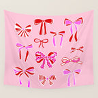 Festive Pink and Red Christmas Ribbons and Bows hand drawn Collection on Pastel Pink Wall Tapestry Gallery Image 4