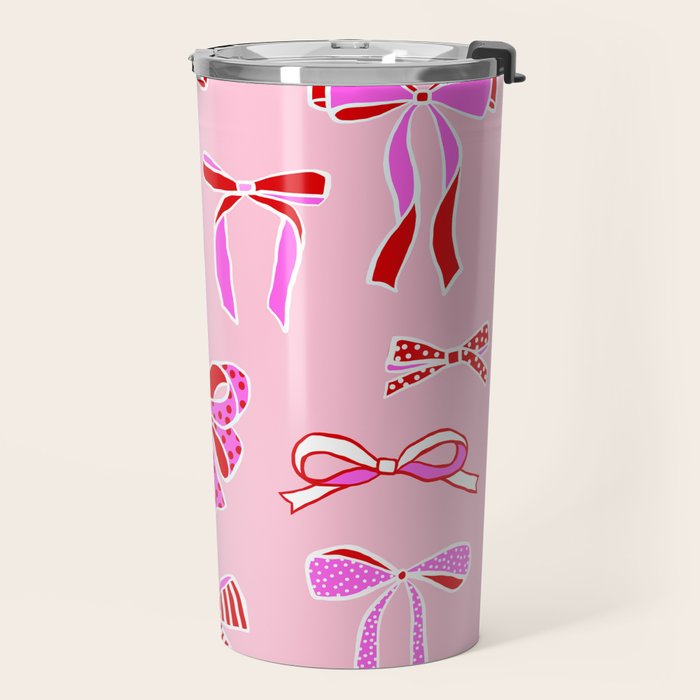 Festive Pink and Red Christmas Ribbons and Bows hand drawn Collection on Pastel Pink Travel Mug Gallery Image 2