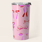 Festive Pink and Red Christmas Ribbons and Bows hand drawn Collection on Pastel Pink Travel Mug Gallery Image 2