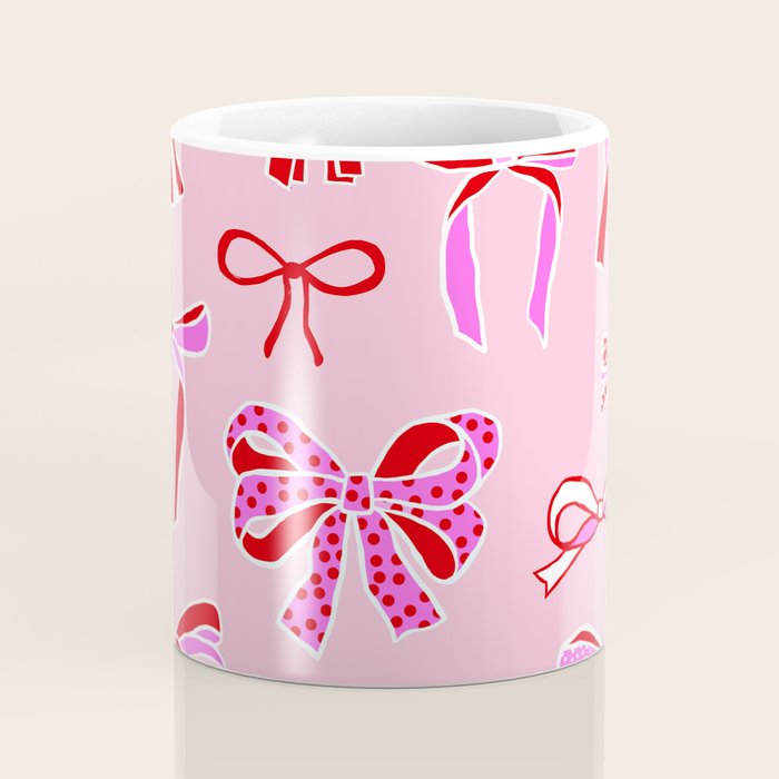 Festive Pink and Red Christmas Ribbons and Bows hand drawn Collection on Pastel Pink Coffee Mug Gallery Image 4