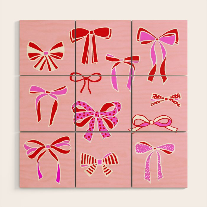 Festive Pink and Red Christmas Ribbons and Bows hand drawn Collection on Pastel Pink Wood Wall Art Gallery Image 1