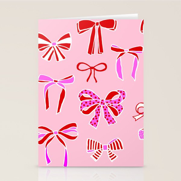 Festive Pink and Red Christmas Ribbons and Bows hand drawn Collection on Pastel Pink Stationery Card Gallery Image 2