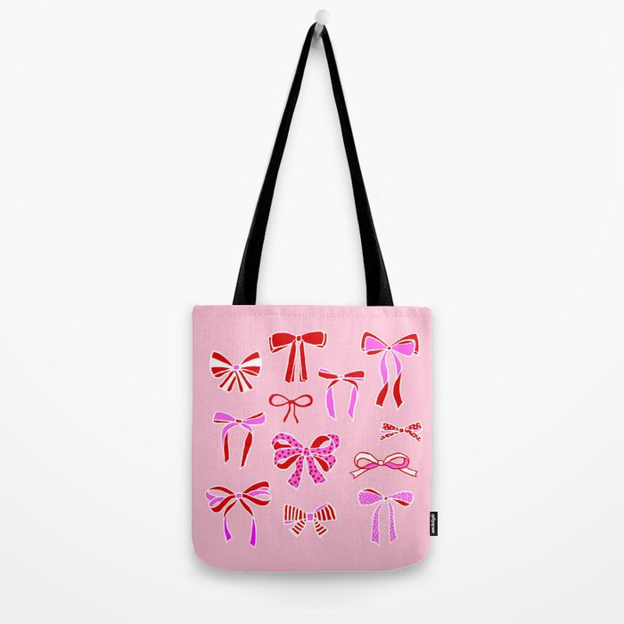 Festive Pink and Red Christmas Ribbons and Bows hand drawn Collection on Pastel Pink Tote Bag Gallery Image 2