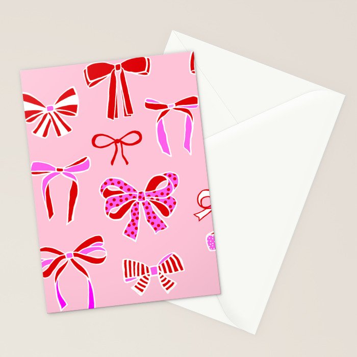 Festive Pink and Red Christmas Ribbons and Bows hand drawn Collection on Pastel Pink Stationery Card Gallery Image 2