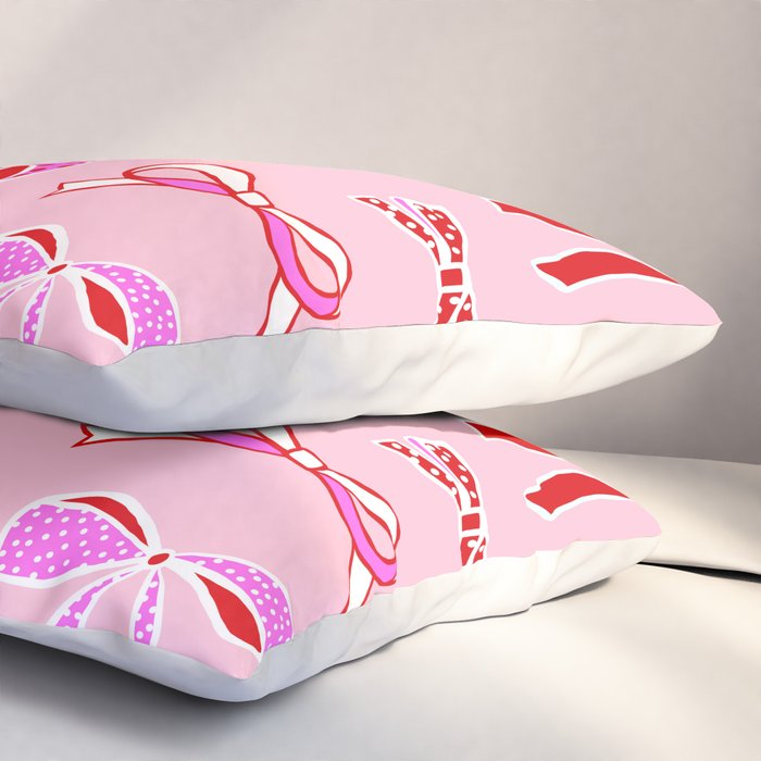 Festive Pink and Red Christmas Ribbons and Bows hand drawn Collection on Pastel Pink Pillow Sham Gallery Image 3