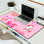 Festive Pink and Red Christmas Ribbons and Bows hand drawn Collection on Pastel Pink Desk Mat Gallery Image 2
