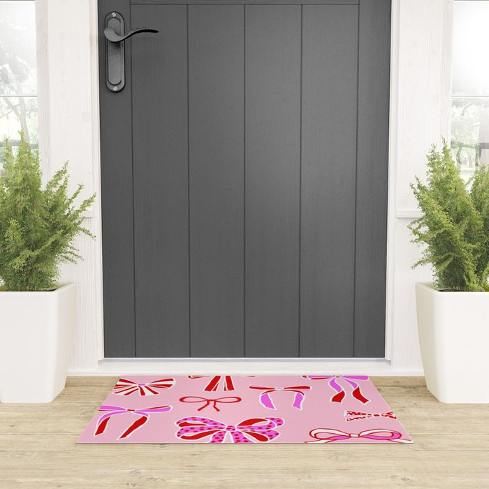 Festive Pink and Red Christmas Ribbons and Bows hand drawn Collection on Pastel Pink Welcome Mat Gallery Image 3