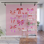 Festive Pink and Red Christmas Ribbons and Bows hand drawn Collection on Pastel Pink Wall Mural Gallery Image 1