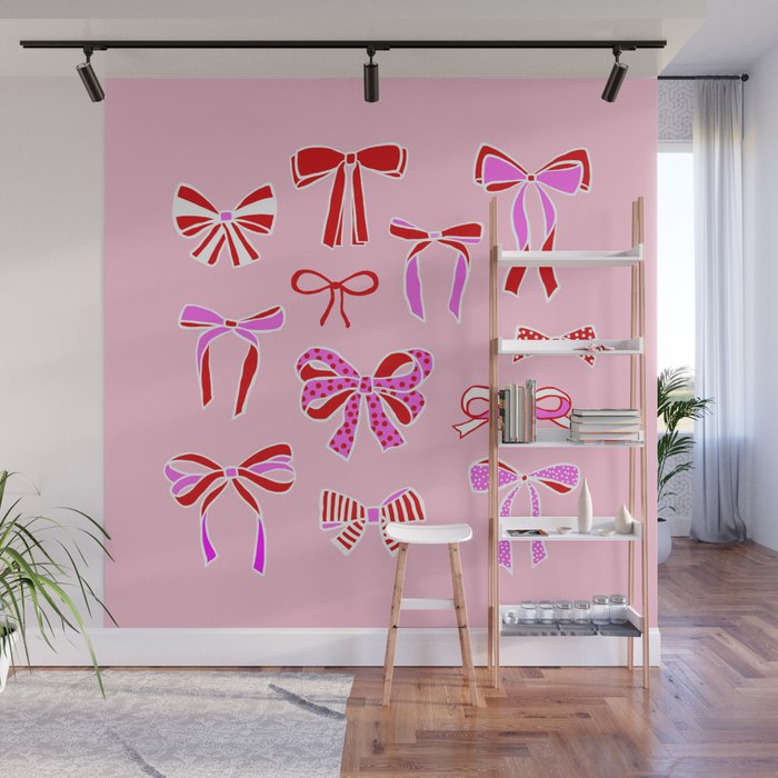 Festive Pink and Red Christmas Ribbons and Bows hand drawn Collection on Pastel Pink Wall Mural Gallery Image 1