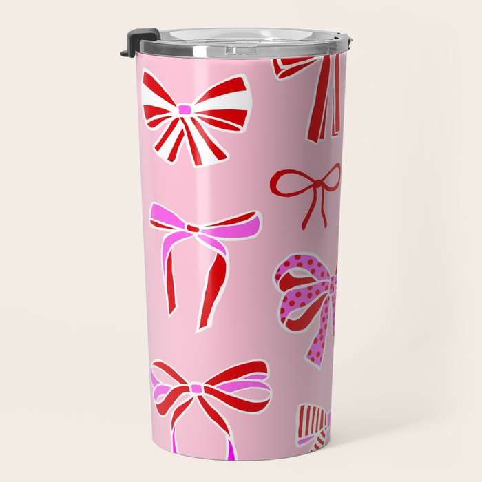 Festive Pink and Red Christmas Ribbons and Bows hand drawn Collection on Pastel Pink Travel Mug Gallery Image 3