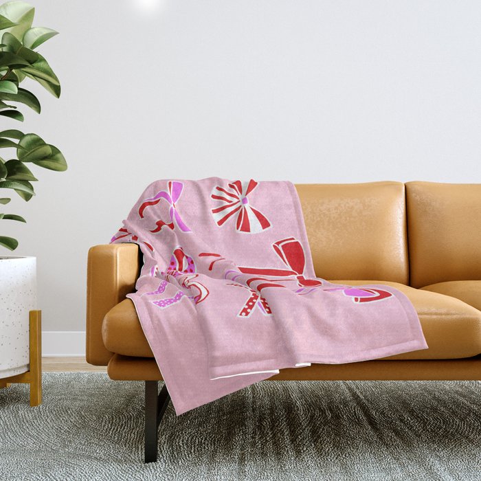 Festive Pink and Red Christmas Ribbons and Bows hand drawn Collection on Pastel Pink Throw Blanket Gallery Image 1