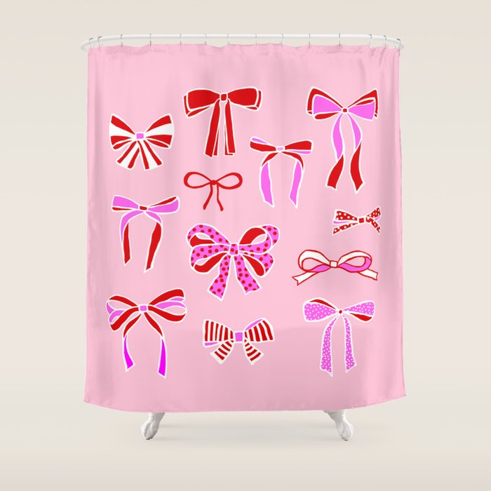 Festive Pink and Red Christmas Ribbons and Bows hand drawn Collection on Pastel Pink Shower Curtain Gallery Image 1
