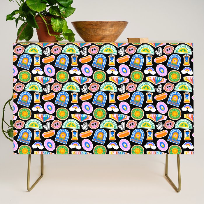 Retro cartoon label sticker pattern Credenza Gallery Image 1
