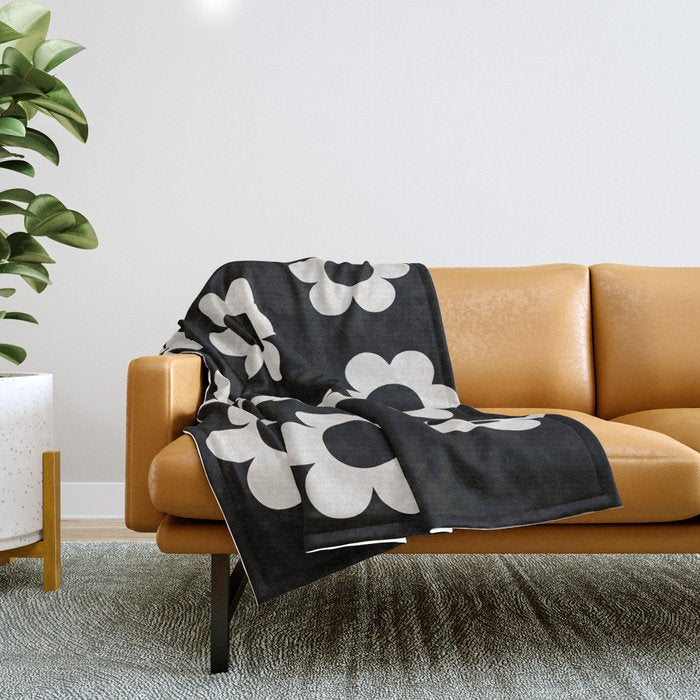 Les Fleurs | 02 - Flower Print Black And White Retro Flowers Wall Art Modern Decor Abstract Throw Blanket Gallery Image 1