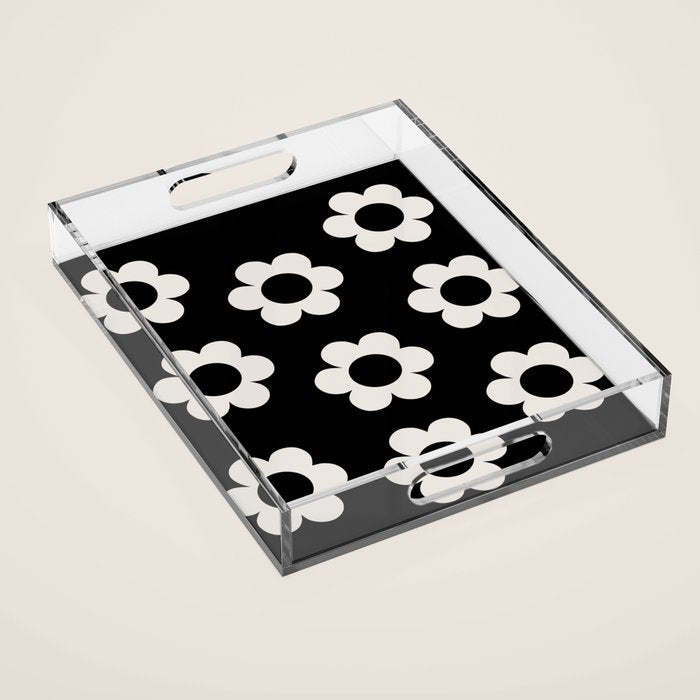Les Fleurs | 02 - Flower Print Black And White Retro Flowers Wall Art Modern Decor Abstract Acrylic Tray Gallery Image 1