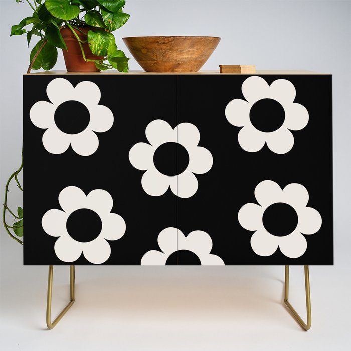 Les Fleurs | 02 - Flower Print Black And White Retro Flowers Wall Art Modern Decor Abstract Credenza Gallery Image 1