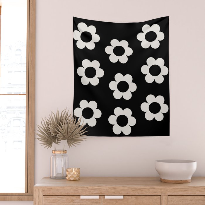 Les Fleurs | 02 - Flower Print Black And White Retro Flowers Wall Art Modern Decor Abstract Wall Tapestry Gallery Image 2