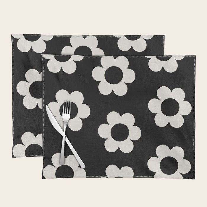 Les Fleurs | 02 - Flower Print Black And White Retro Flowers Wall Art Modern Decor Abstract Placemat Gallery Image 1