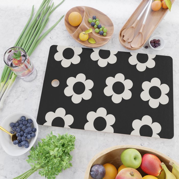 Les Fleurs | 02 - Flower Print Black And White Retro Flowers Wall Art Modern Decor Abstract Cutting Board Gallery Image 2