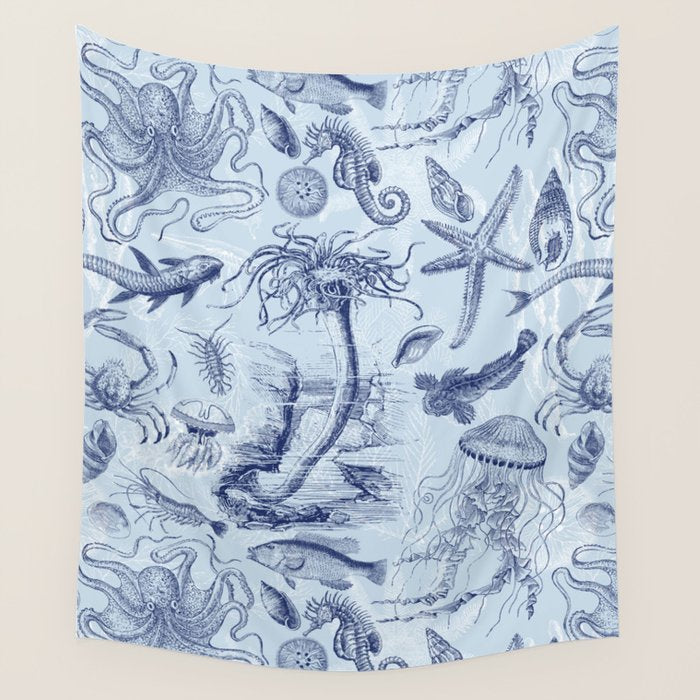 Coral Reef Life Underwater Sea Scene Blue Monochromatic Toile Pattern  Wall Tapestry Gallery Image 1