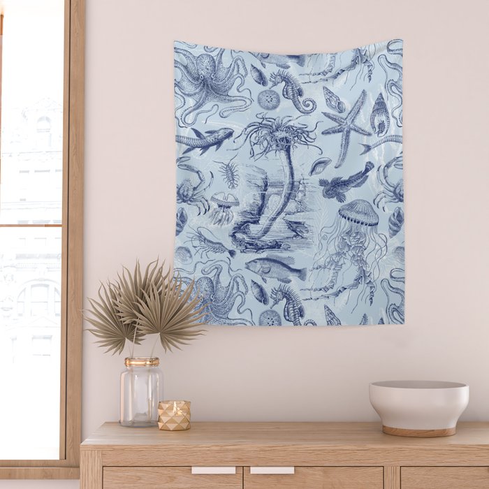 Coral Reef Life Underwater Sea Scene Blue Monochromatic Toile Pattern  Wall Tapestry Gallery Image 2