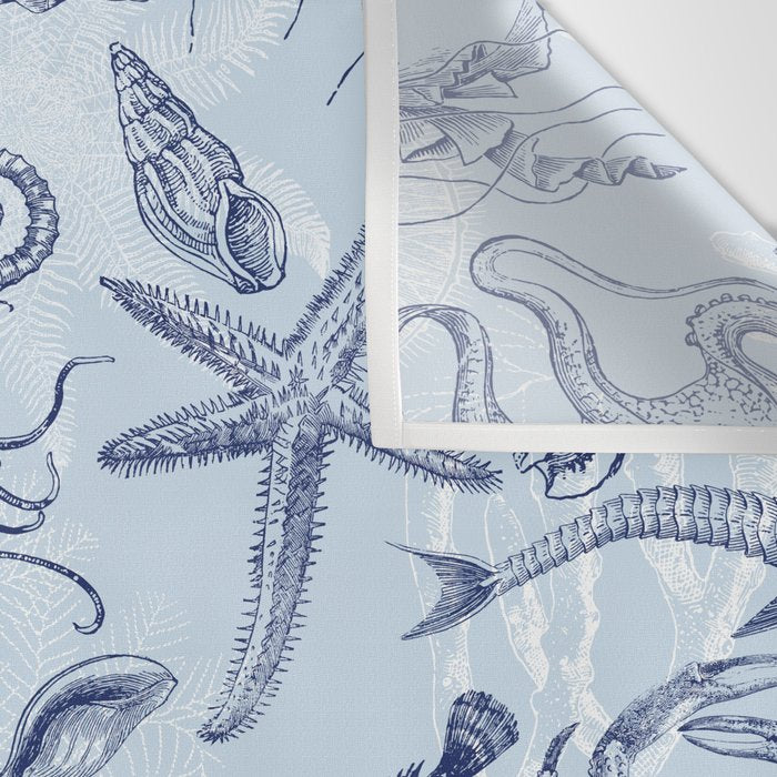 Coral Reef Life Underwater Sea Scene Blue Monochromatic Toile Pattern  Wall Tapestry Gallery Image 3
