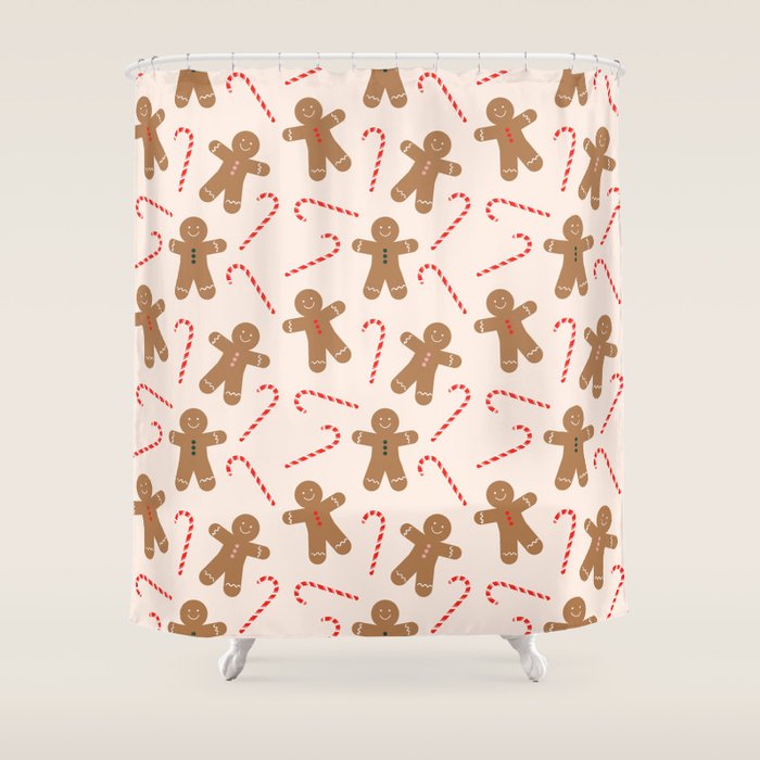 Gingerbread Man + Candy Cane Christmas Pattern Shower Curtain Gallery Image 1