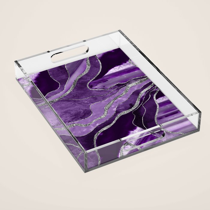 Purple Marble Agate Silver Glitter Glam #1 (Faux Glitter) #decor #art #society6 Acrylic Tray Gallery Image 1