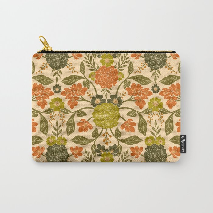 Retro 1970s Floral in Olive Green & Orange Carry All Pouch Gallery Image 1