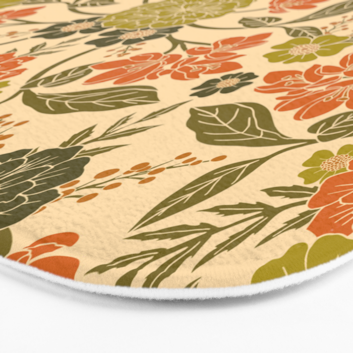 Retro 1970s Floral in Olive Green & Orange Bath Mat Gallery Image 3