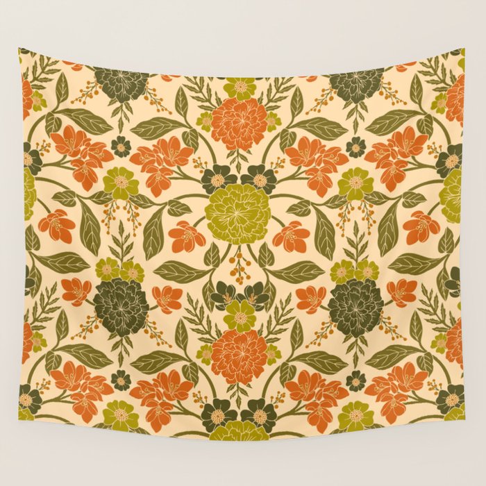 Retro 1970s Floral in Olive Green & Orange Wall Tapestry Gallery Image 1