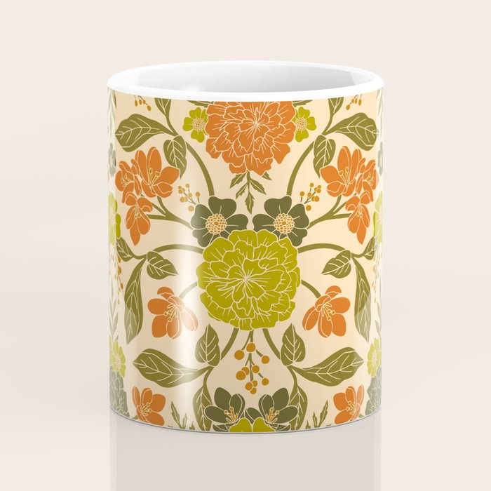 Retro 1970s Floral in Olive Green & Orange Coffee Mug Gallery Image 4