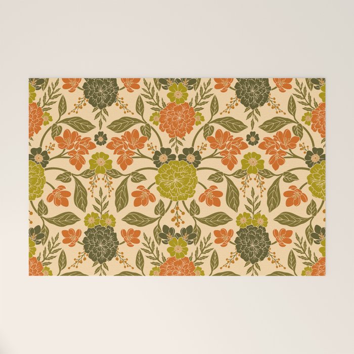 Retro 1970s Floral in Olive Green & Orange Welcome Mat Gallery Image 1