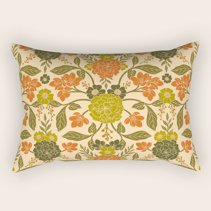 Retro 1970s Floral in Olive Green & Orange Rectangular Pillow Gallery Image 2