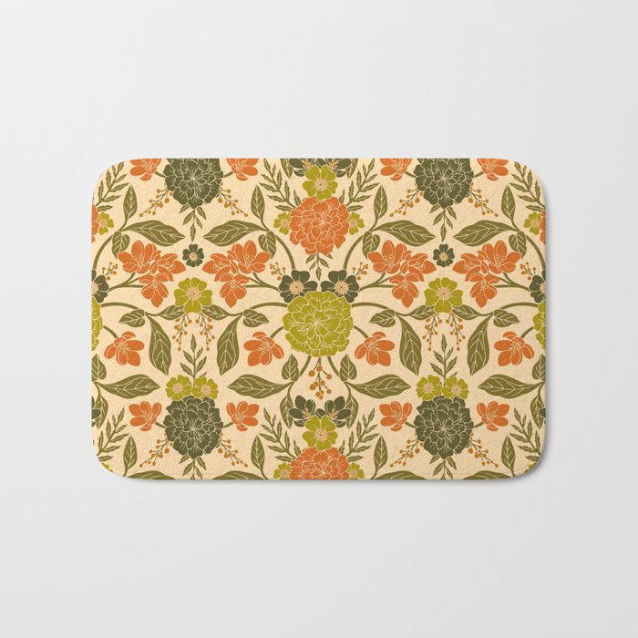 Retro 1970s Floral in Olive Green & Orange Bath Mat Gallery Image 1