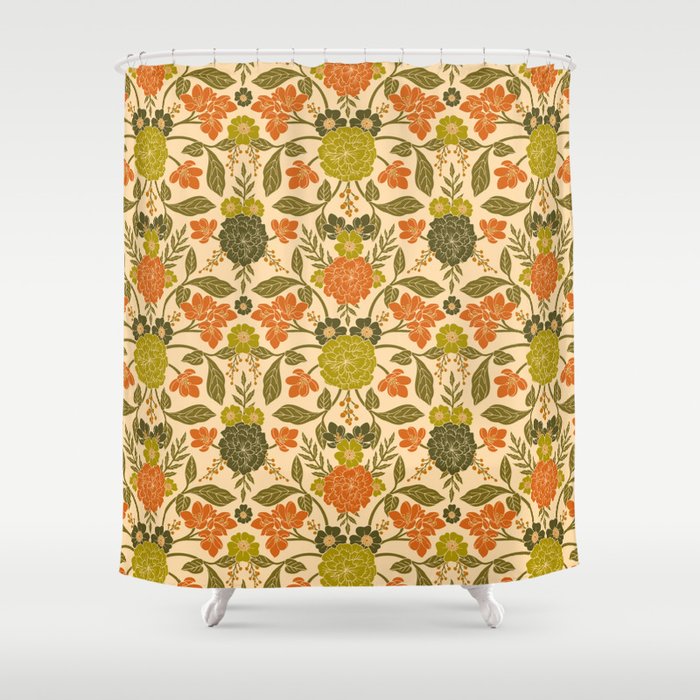 Retro 1970s Floral in Olive Green & Orange Shower Curtain Gallery Image 1