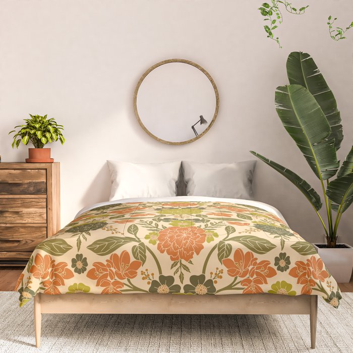 Retro 1970s Floral in Olive Green & Orange Comforter Gallery Image 3