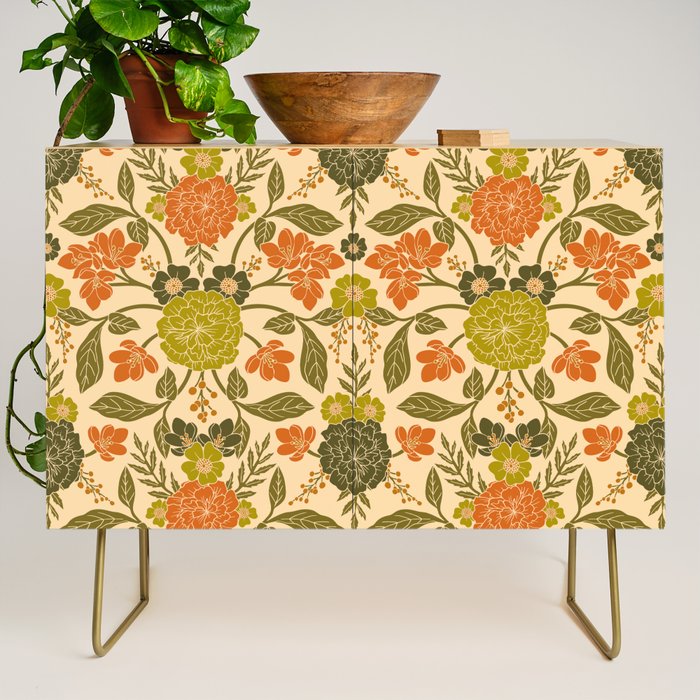 Retro 1970s Floral in Olive Green & Orange Credenza Gallery Image 1
