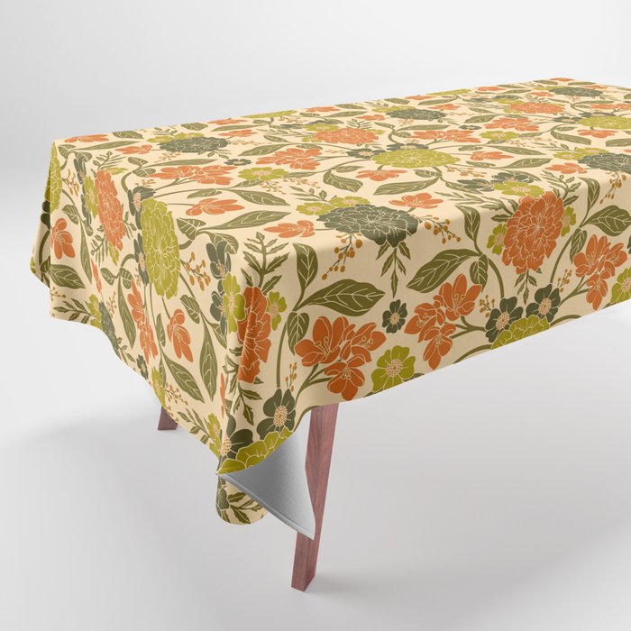 Retro 1970s Floral in Olive Green & Orange Tablecloth Gallery Image 1