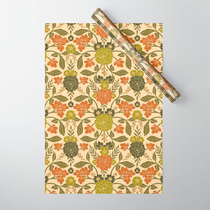 Retro 1970s Floral in Olive Green & Orange Wrapping Paper Gallery Image 1