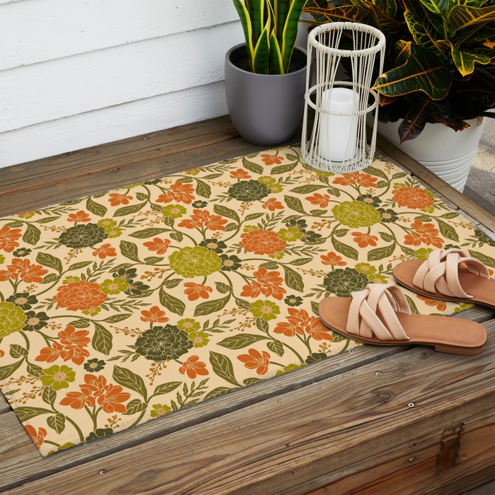 Retro 1970s Floral in Olive Green & Orange Outdoor Rug Gallery Image 2