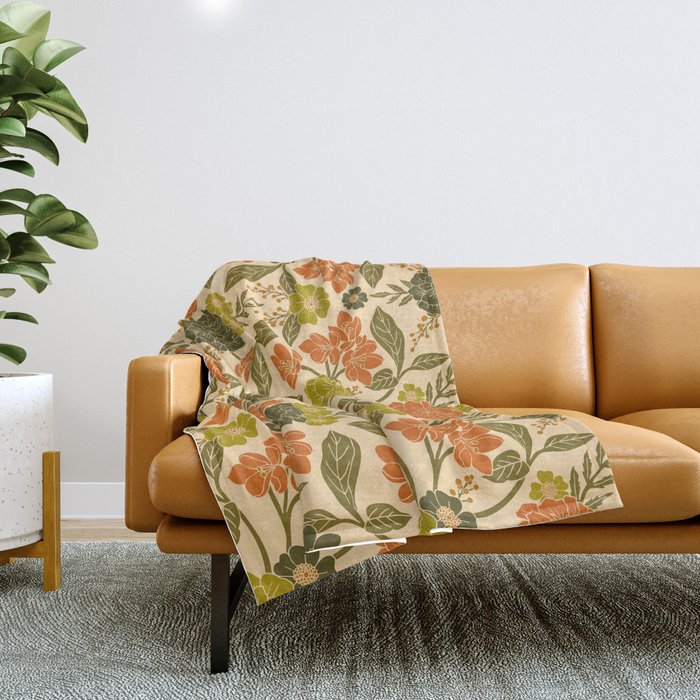 Retro 1970s Floral in Olive Green & Orange Throw Blanket Gallery Image 1