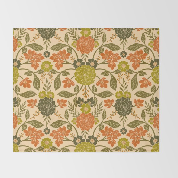 Retro 1970s Floral in Olive Green & Orange Throw Blanket Gallery Image 2