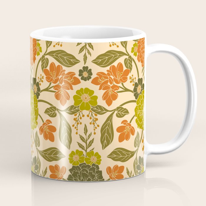 Retro 1970s Floral in Olive Green & Orange Coffee Mug Gallery Image 1